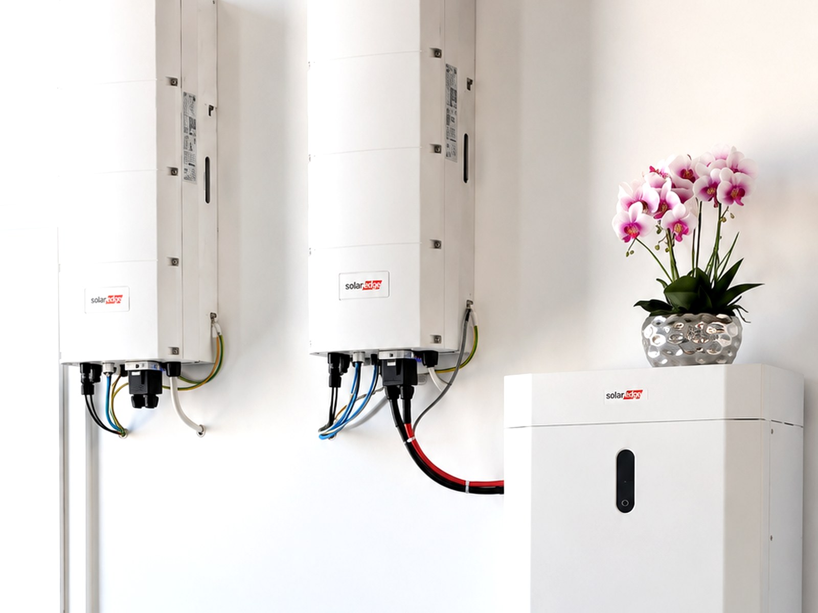Zwei SolarEdge-Wechselrichter und Batteriespeicher der eigenen PV-Anlage an einer Wand montiert