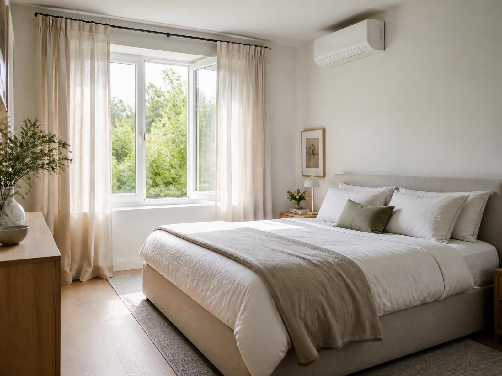 Helles Schlafzimmer mit unauffälligem Klima-Innengerät an der Wand