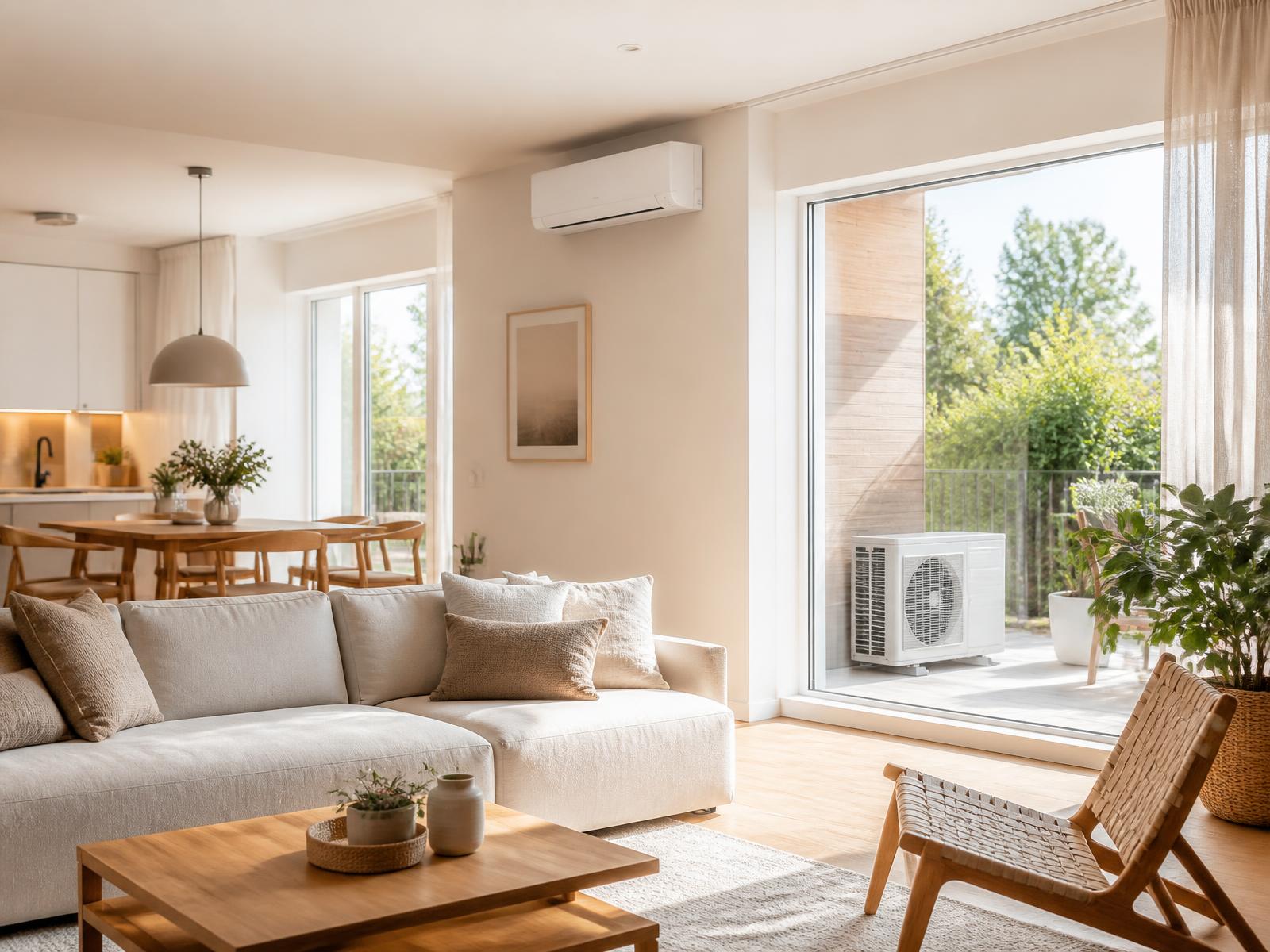 Heller Wohnraum mit großer Fensterfront, Klima-Innengerät und Außeneinheit auf der Terrasse